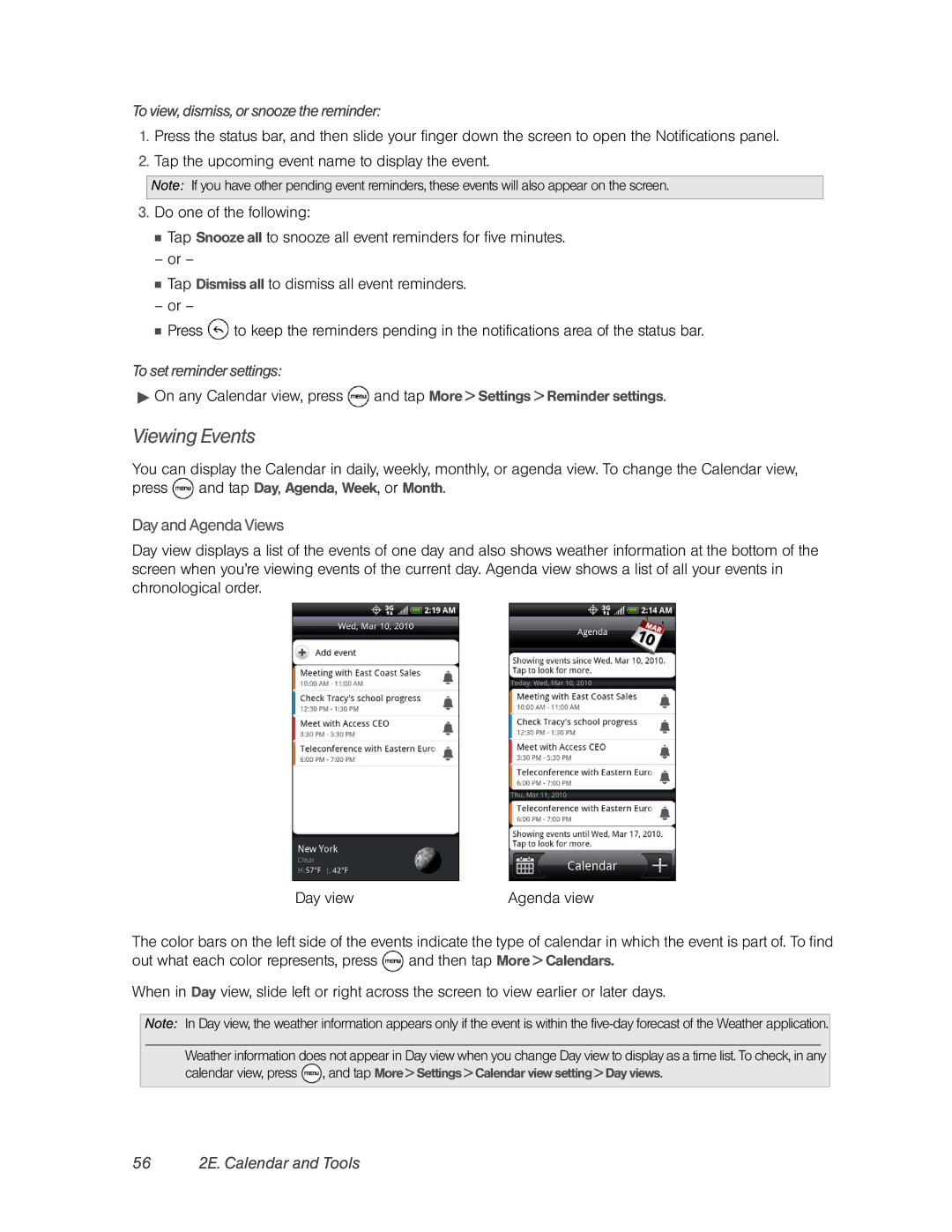 HTC PC36100 Viewing Events, Day and Agenda Views, 56 2E. Calendar and Tools, To view, dismiss, or snooze the reminder 