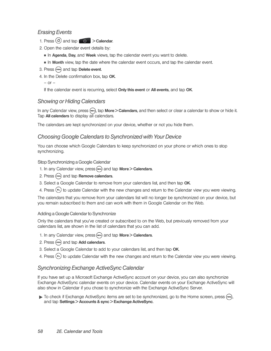 HTC PC36100 manual Erasing Events, Showing or Hiding Calendars, Choosing Google Calendars to Synchronized with Your Device 