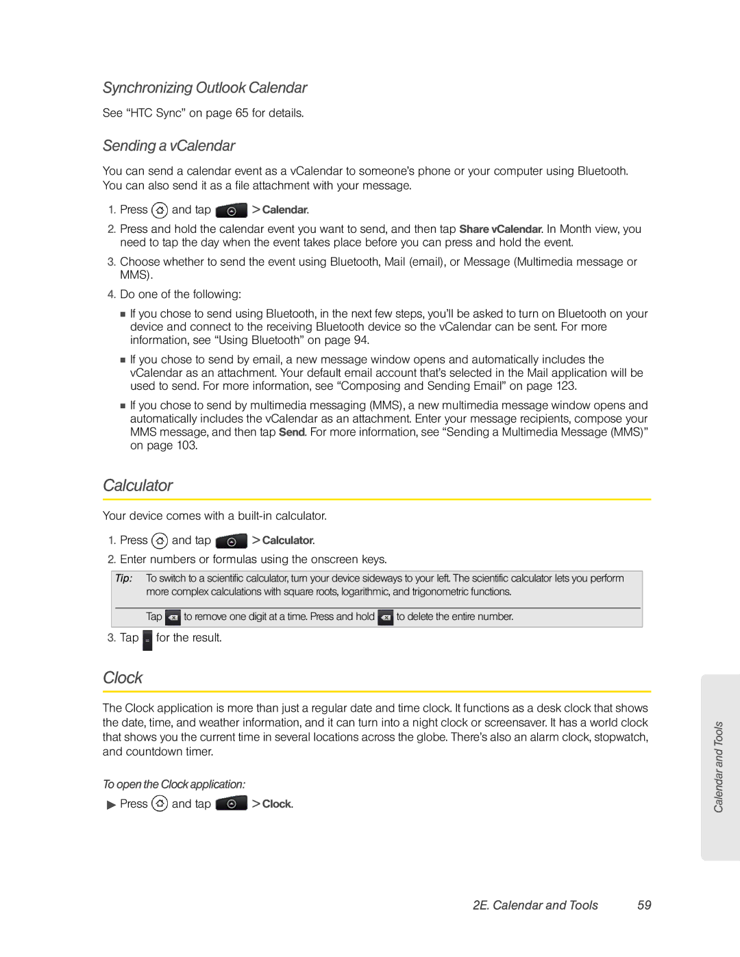 HTC HTC EVO 4G, PC36100 Calculator, Synchronizing Outlook Calendar, Sending a vCalendar, To open the Clock application 