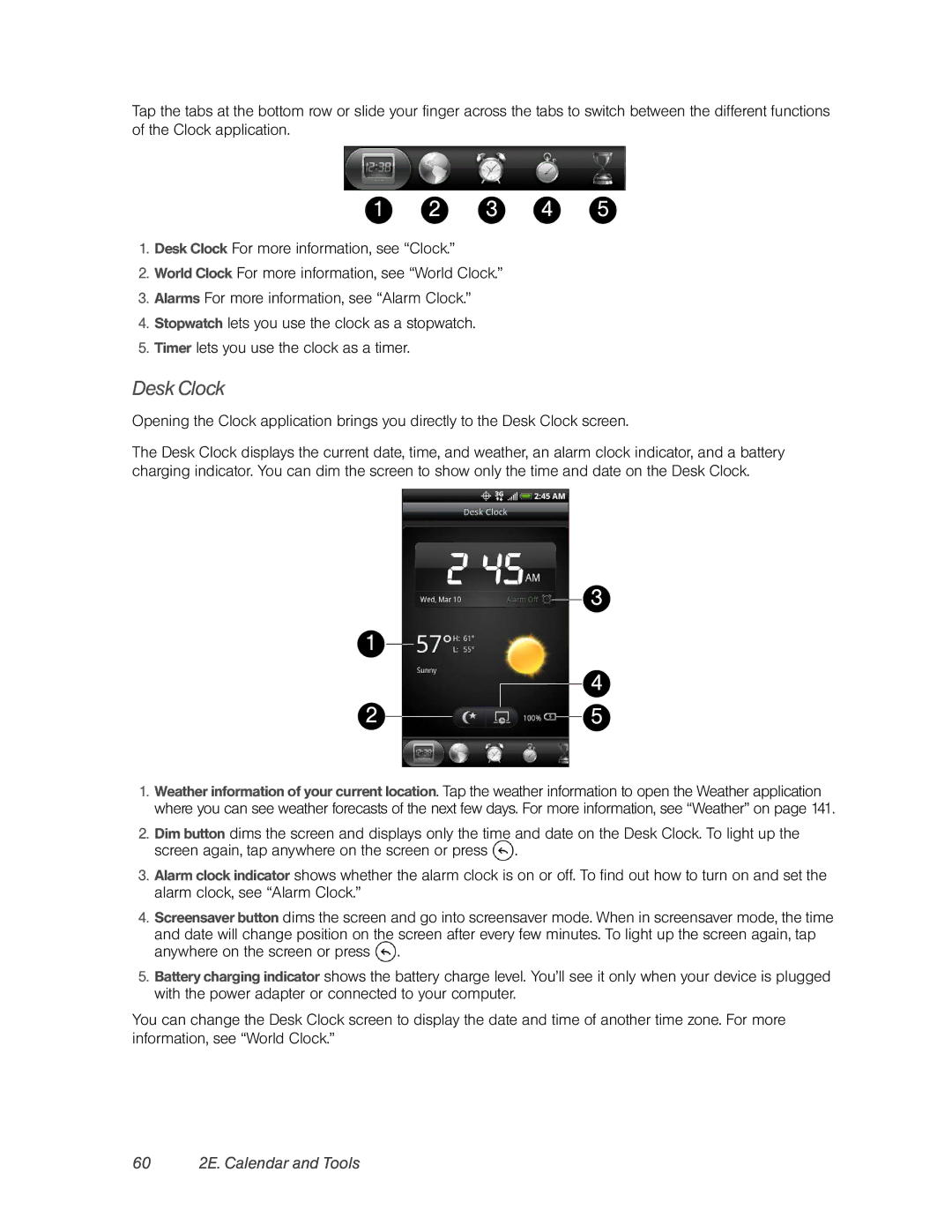 HTC PC36100, HTC EVO 4G manual Desk Clock, 60 2E. Calendar and Tools 