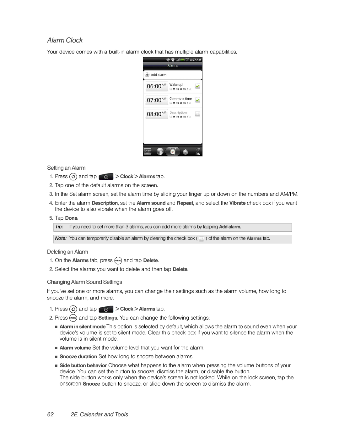 HTC PC36100 Alarm Clock, Setting an Alarm, Deleting an Alarm, Changing Alarm Sound Settings, 62 2E. Calendar and Tools 