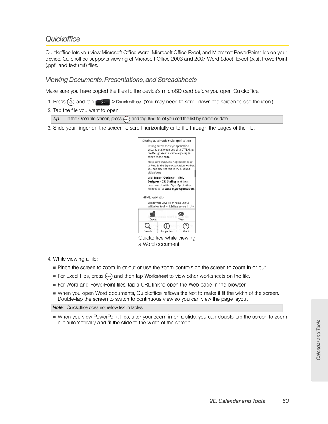 HTC HTC EVO 4G, PC36100 manual Quickoffice, Viewing Documents, Presentations, and Spreadsheets 