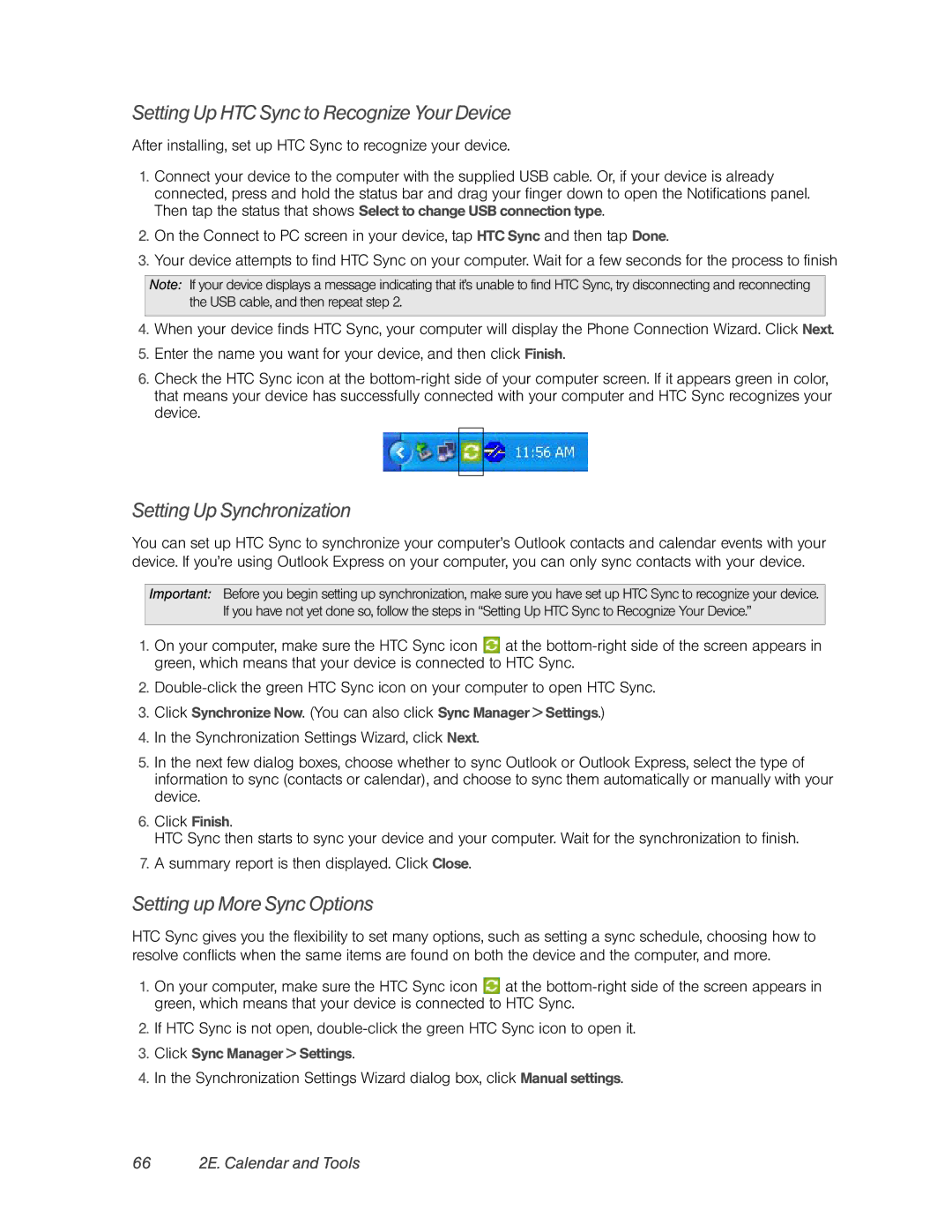 HTC PC36100 manual Setting Up HTC Sync to Recognize Your Device, Setting Up Synchronization, Setting up More Sync Options 