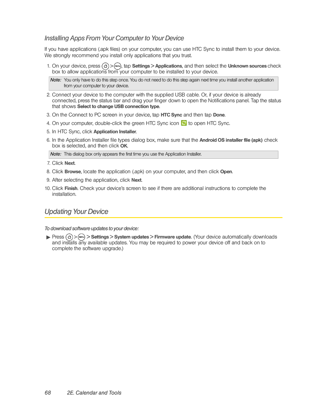 HTC PC36100, HTC EVO 4G Updating Your Device, Installing Apps From Your Computer to Your Device, 68 2E. Calendar and Tools 