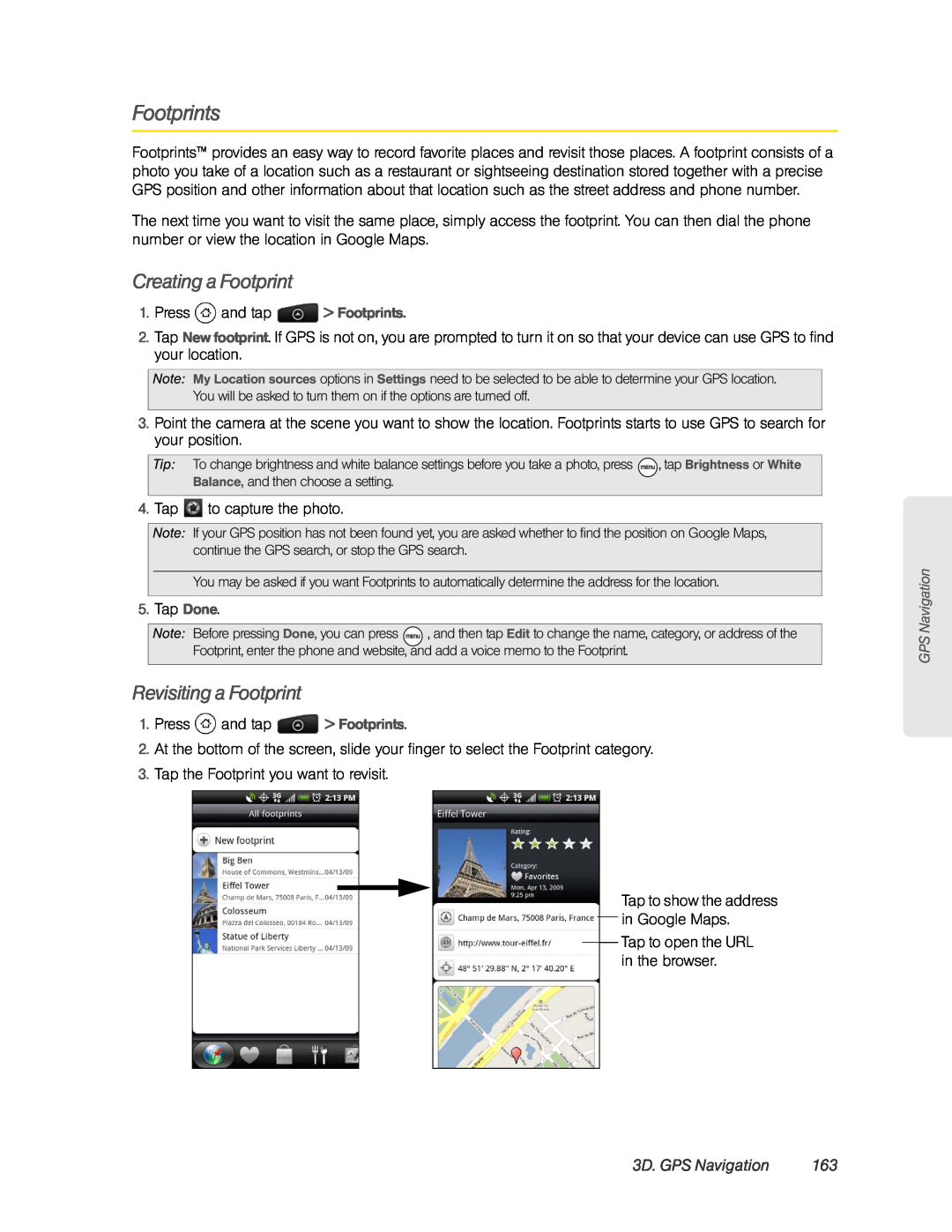 HTC HTC EVO 4G, PC36100 manual Footprints, Creating a Footprint, Revisiting a Footprint, 3D. GPS Navigation 
