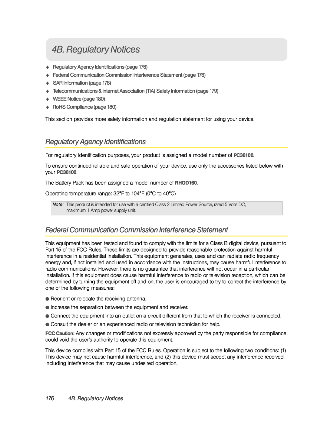 HTC PC36100 manual 176 4B. Regulatory Notices,  Regulatory Agency Identificationspage,  SAR Information page 
