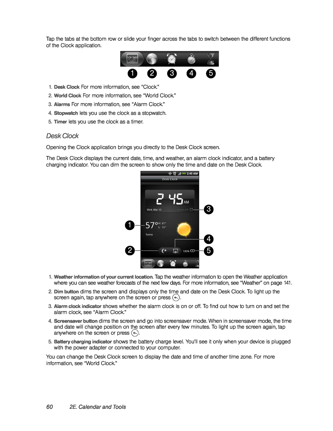 HTC PC36100, HTC EVO 4G manual Desk Clock, 60 2E. Calendar and Tools 