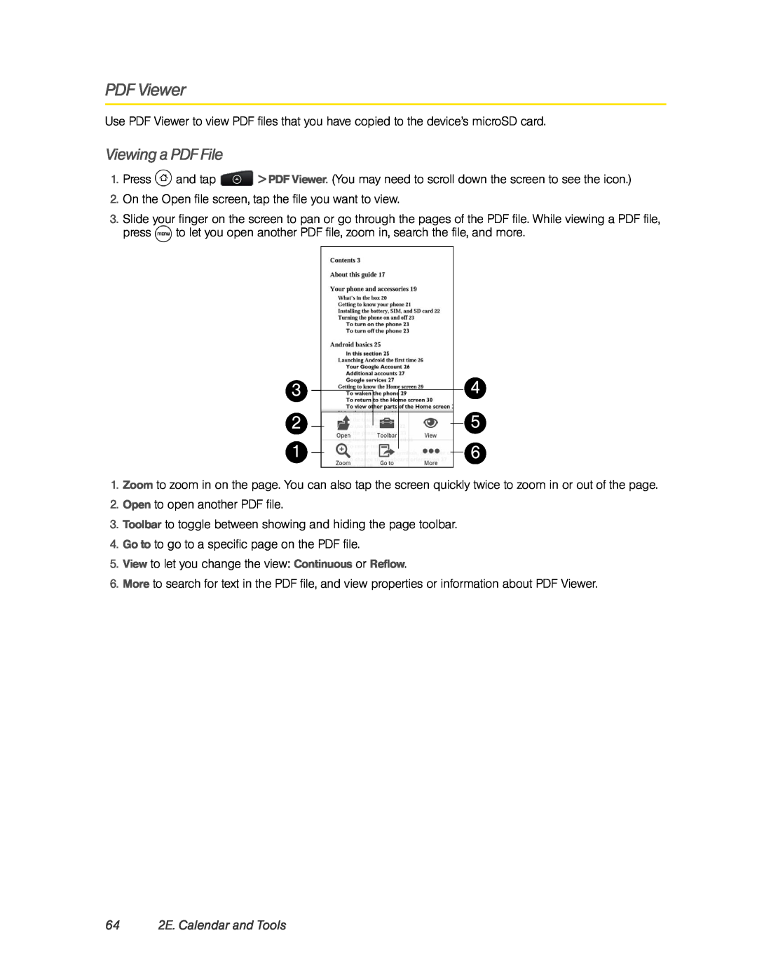 HTC PC36100, HTC EVO 4G manual Viewing a PDF File, 64 2E. Calendar and Tools 