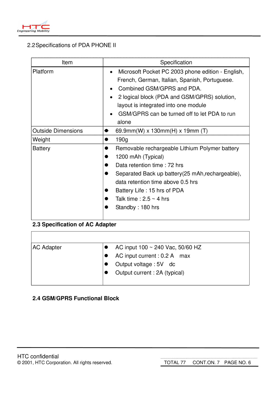 HTC PDA PHONE II, Andes service manual Specification of AC Adapter, GSM/GPRS Functional Block 