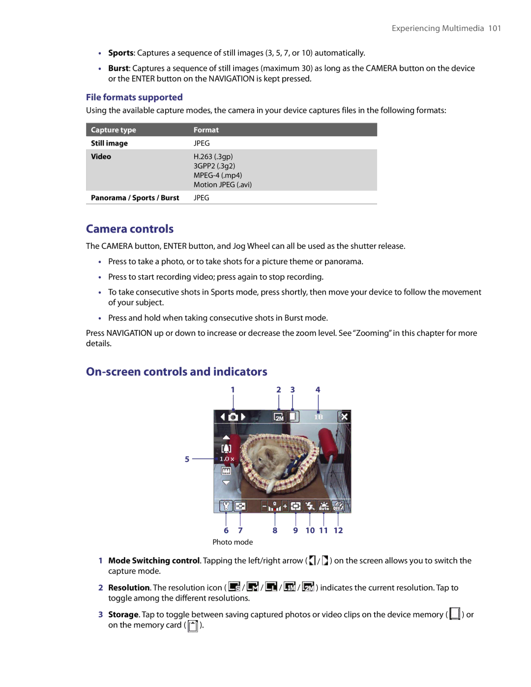 HTC PDA Phone user manual Camera controls, On-screen controls and indicators, File formats supported, Capture type Format 