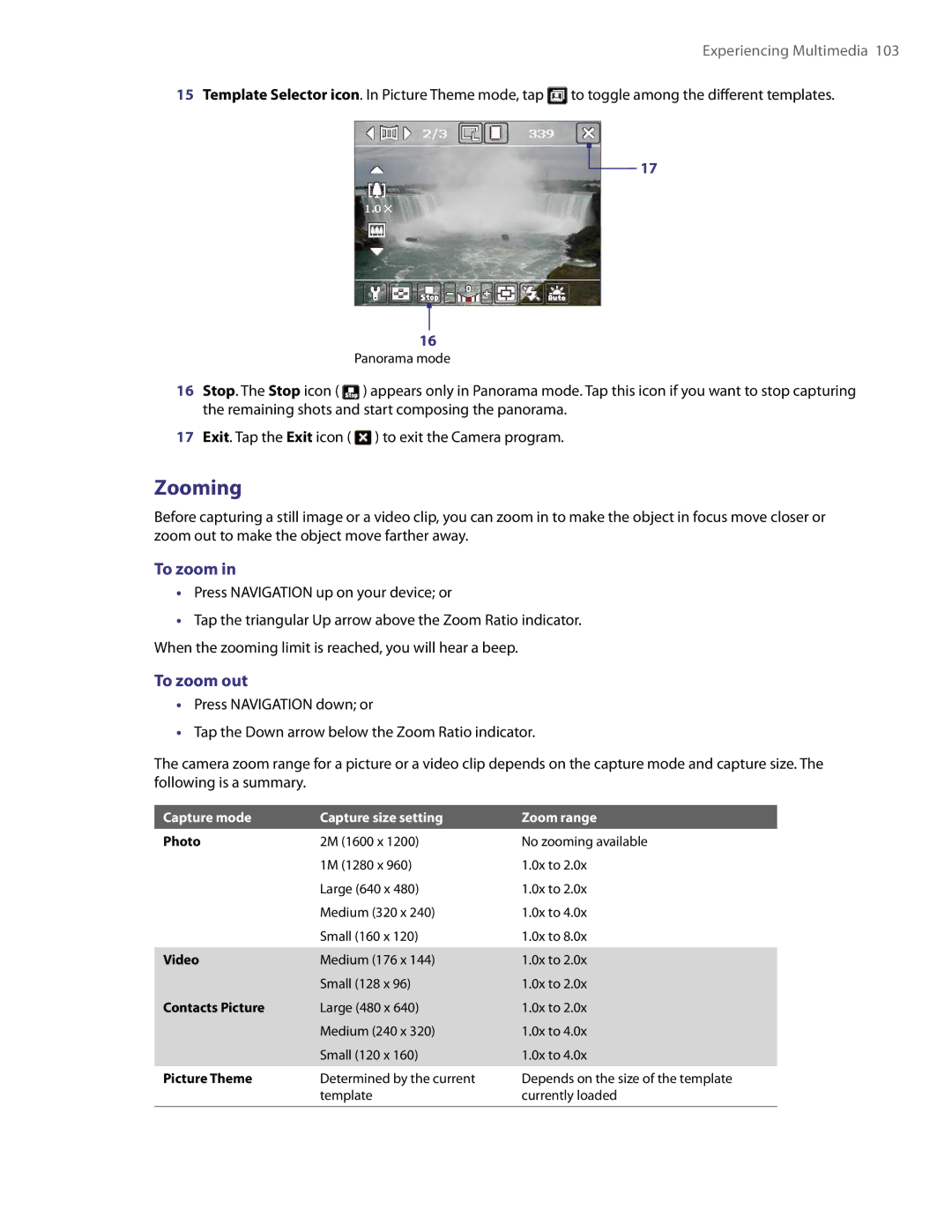 HTC PDA Phone user manual Zooming, To zoom out, Capture mode Capture size setting Zoom range 