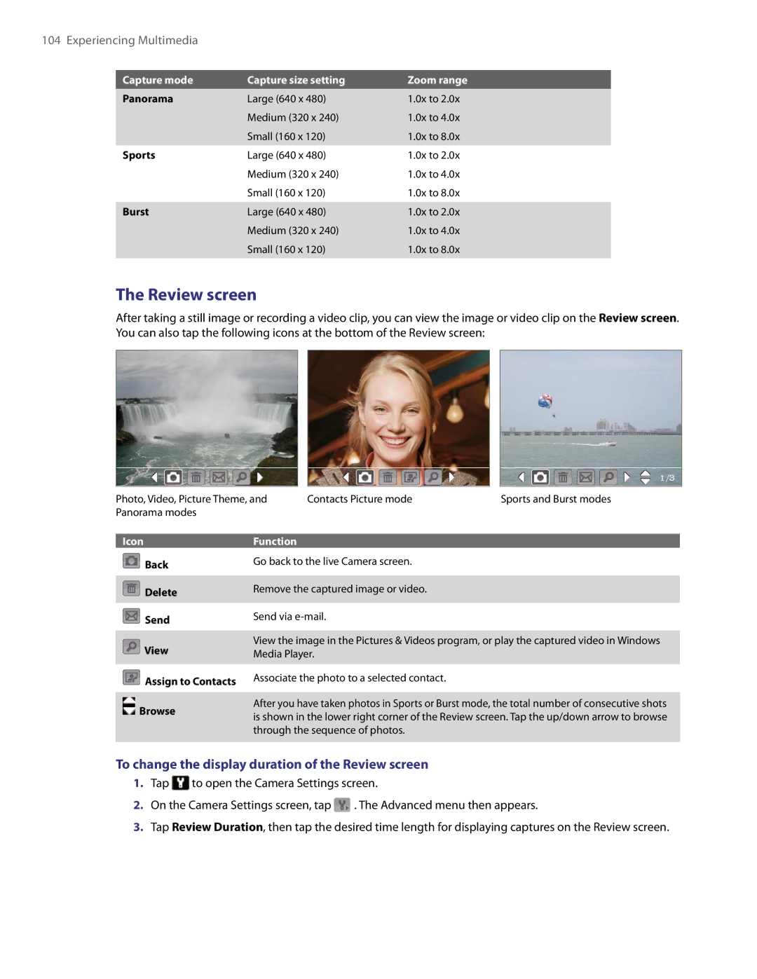 HTC PDA Phone user manual To change the display duration of the Review screen, Capture mode Capture size setting, Icon 