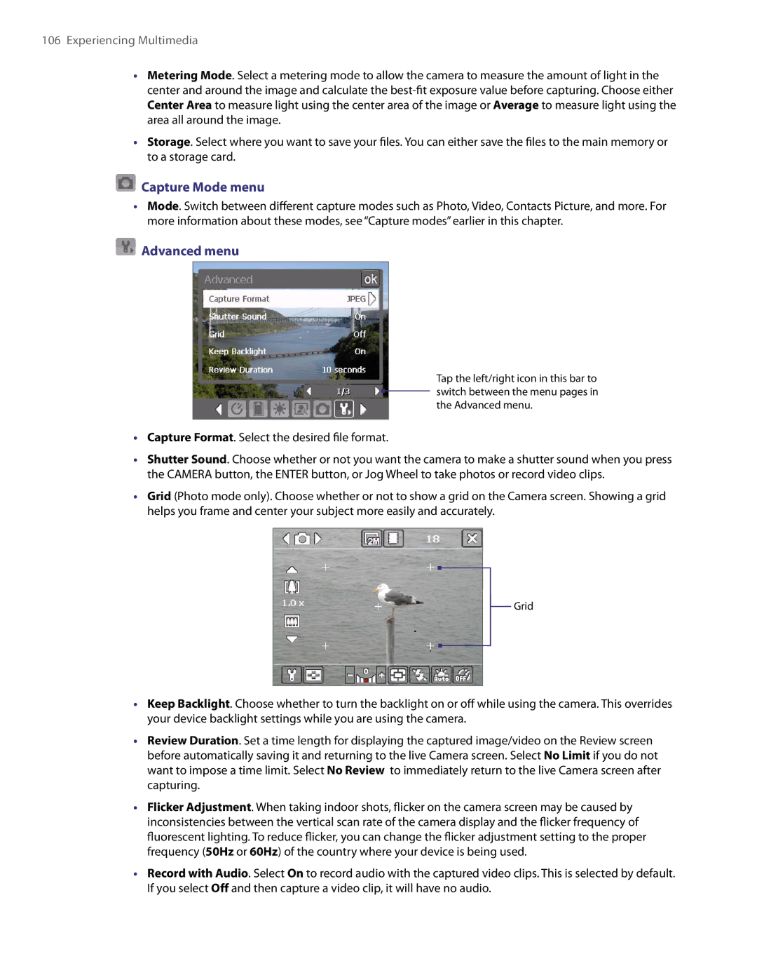 HTC PDA Phone user manual Capture Mode menu, Advanced menu 