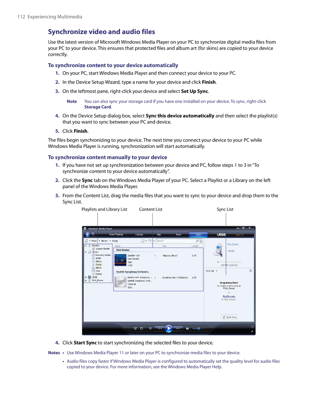 HTC PDA Phone user manual Synchronize video and audio files, To synchronize content to your device automatically 