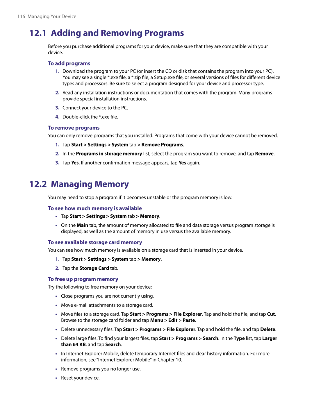 HTC PDA Phone user manual Adding and Removing Programs, Managing Memory 