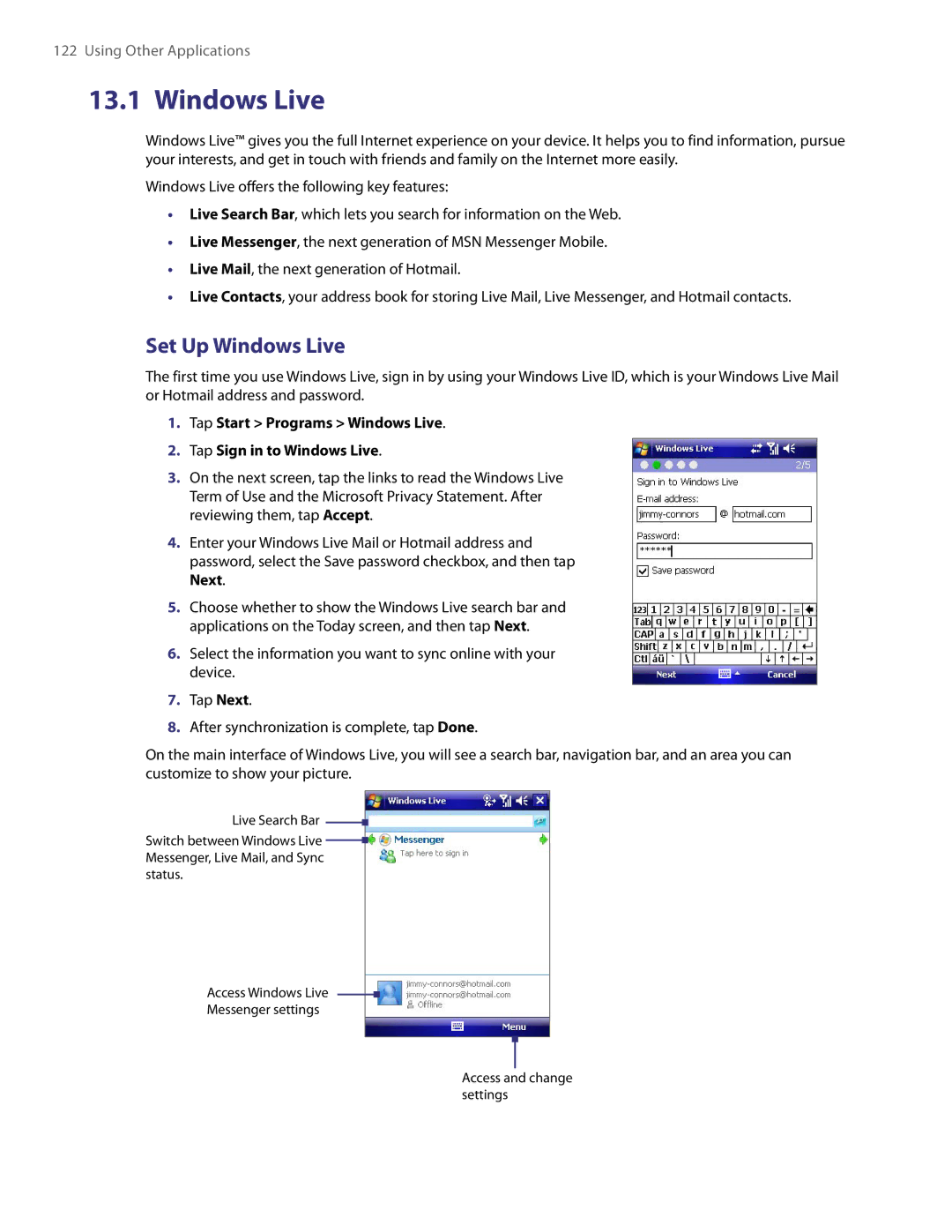 HTC PDA Phone user manual Set Up Windows Live, Tap Start Programs Windows Live Tap Sign in to Windows Live 