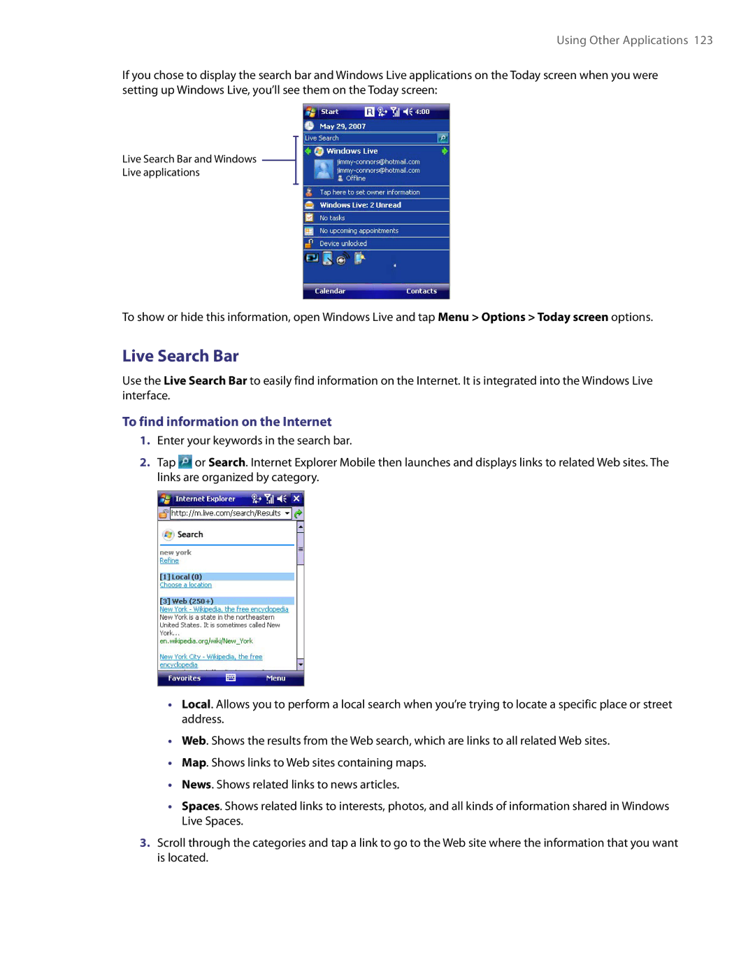 HTC PDA Phone user manual Live Search Bar, To find information on the Internet 