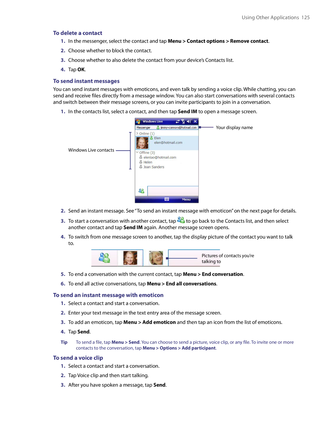 HTC PDA Phone user manual To delete a contact, To send instant messages, To send an instant message with emoticon 