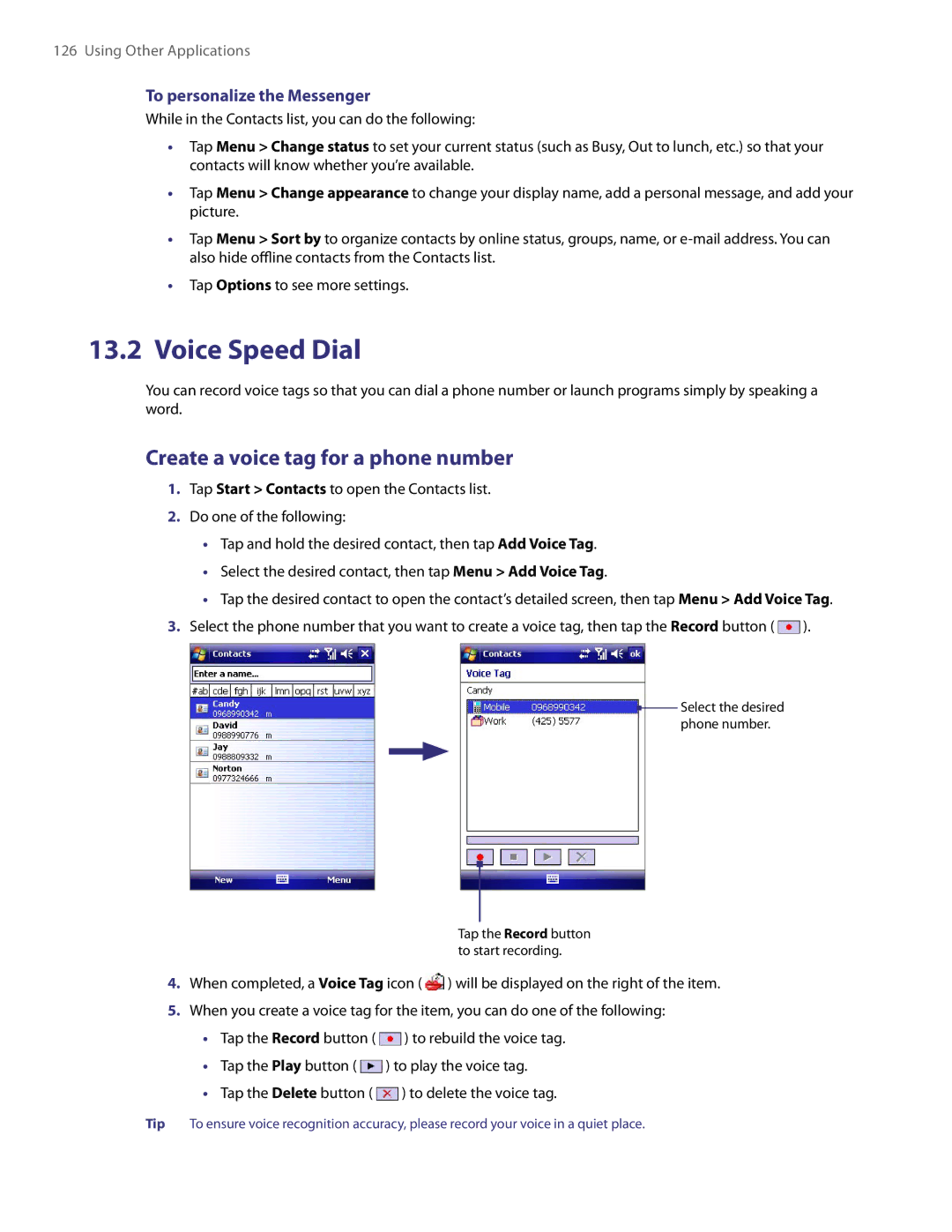 HTC PDA Phone user manual Voice Speed Dial, Create a voice tag for a phone number, To personalize the Messenger 