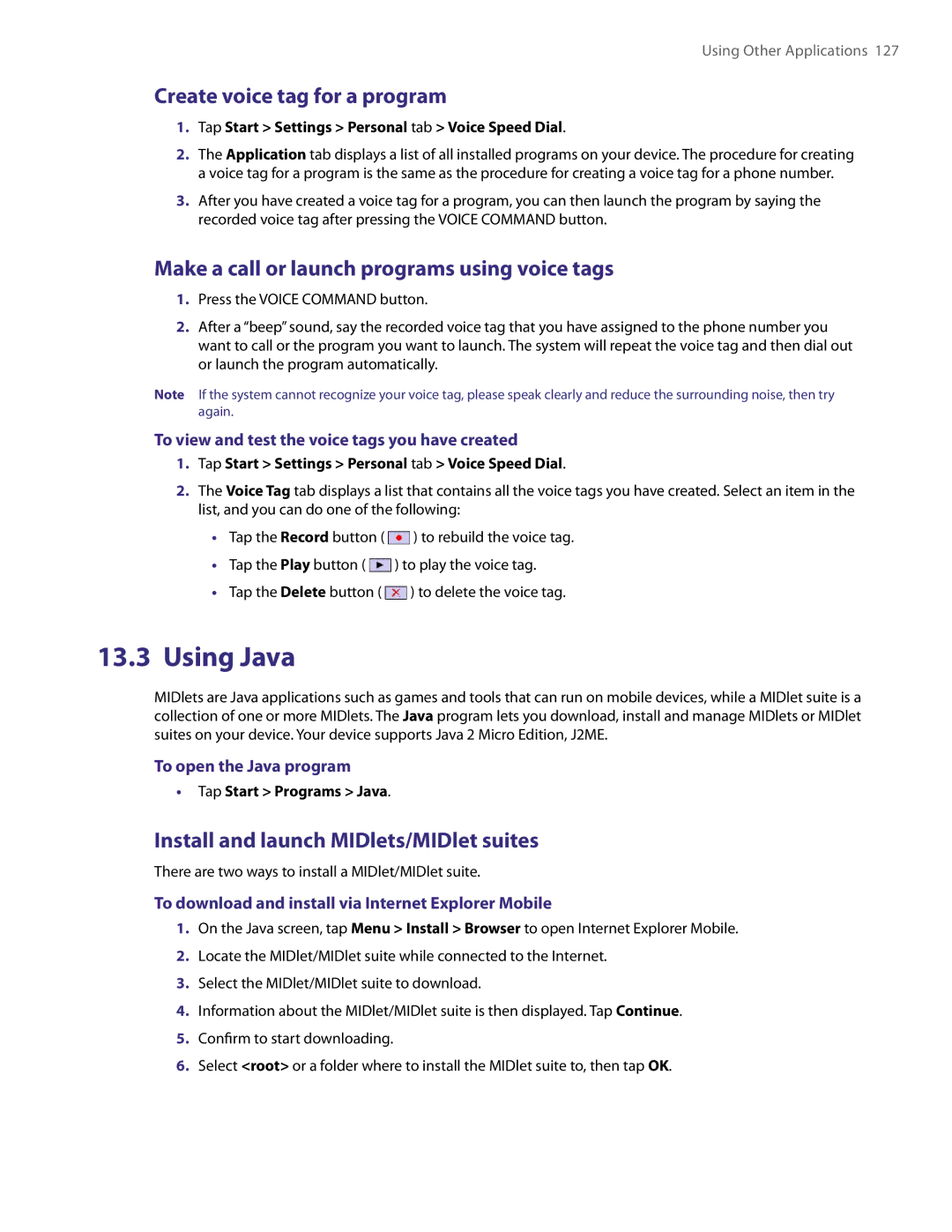 HTC PDA Phone user manual Using Java, Create voice tag for a program, Make a call or launch programs using voice tags 