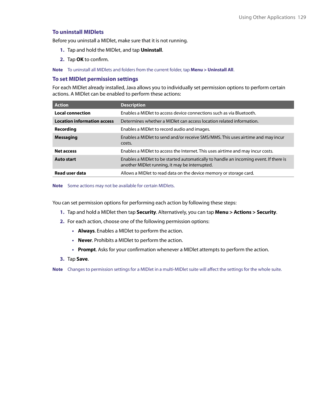 HTC PDA Phone user manual To uninstall MIDlets, To set MIDlet permission settings, Action Description 