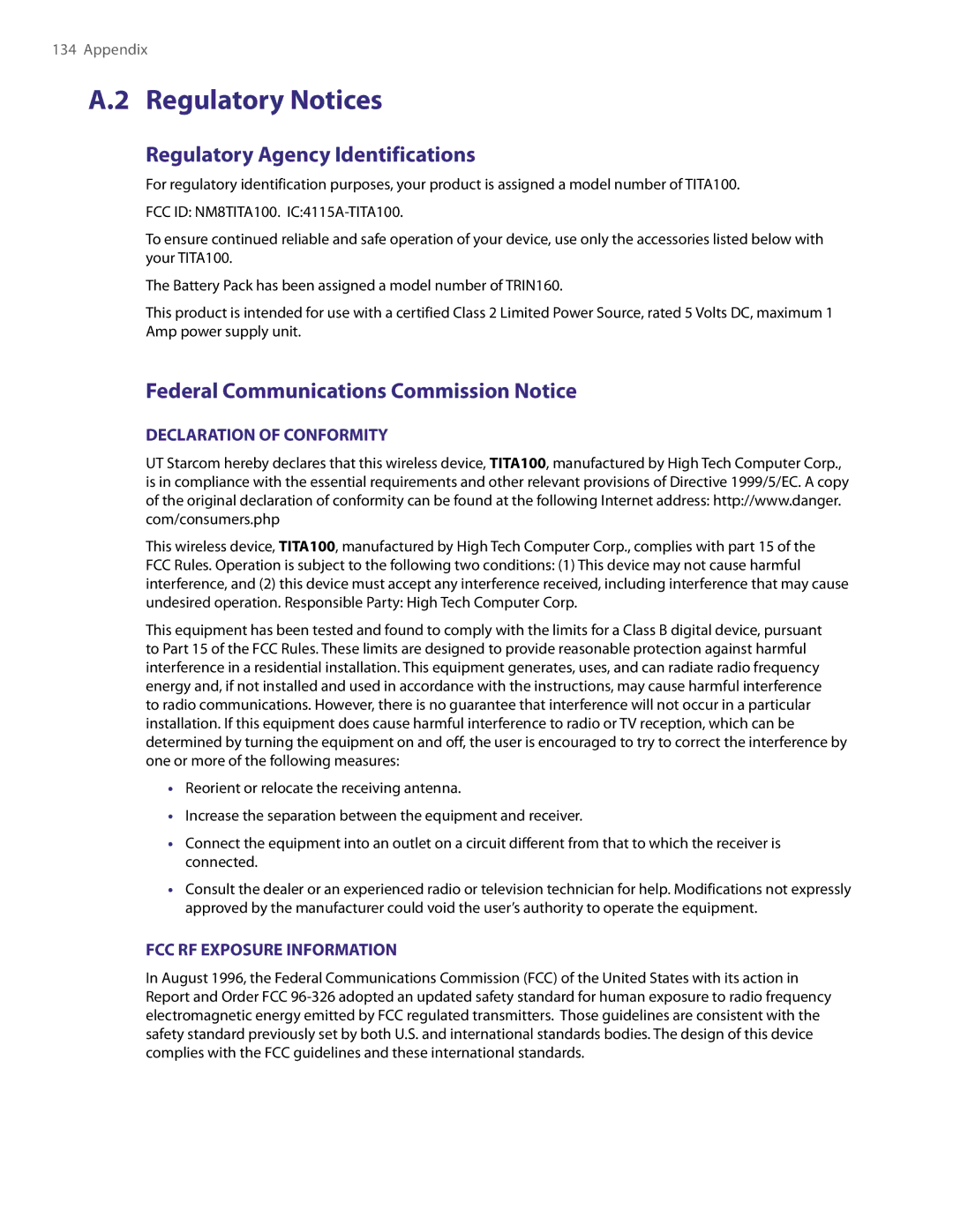 HTC PDA Phone user manual Regulatory Notices, Regulatory Agency Identifications, Federal Communications Commission Notice 