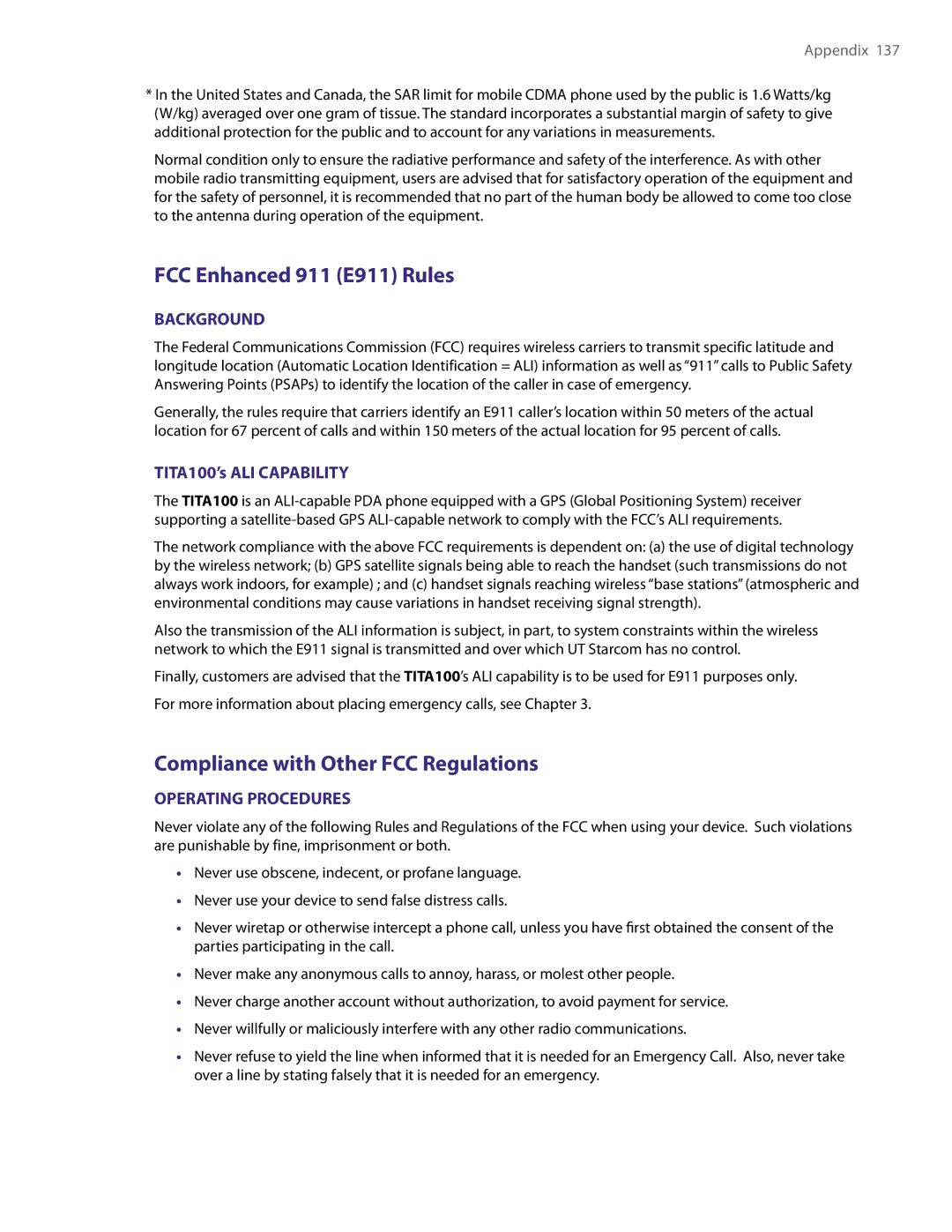 HTC PDA Phone user manual FCC Enhanced 911 E911 Rules, Compliance with Other FCC Regulations, TITA100’s ALI Capability 