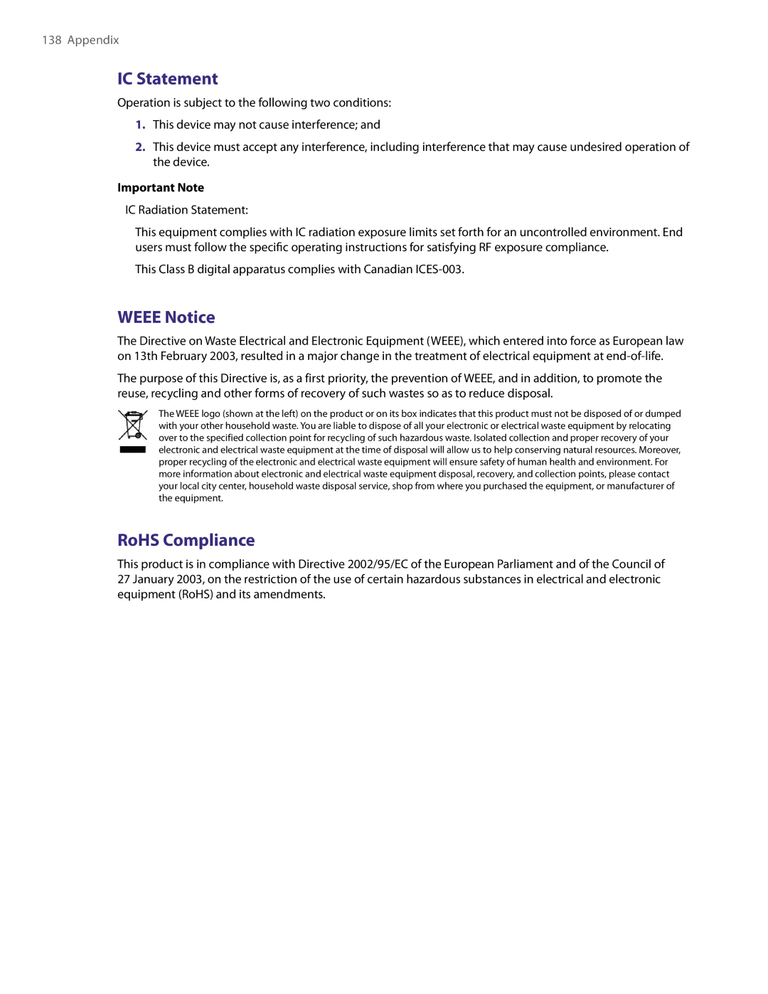 HTC PDA Phone user manual IC Statement, Weee Notice, RoHS Compliance, Important Note 