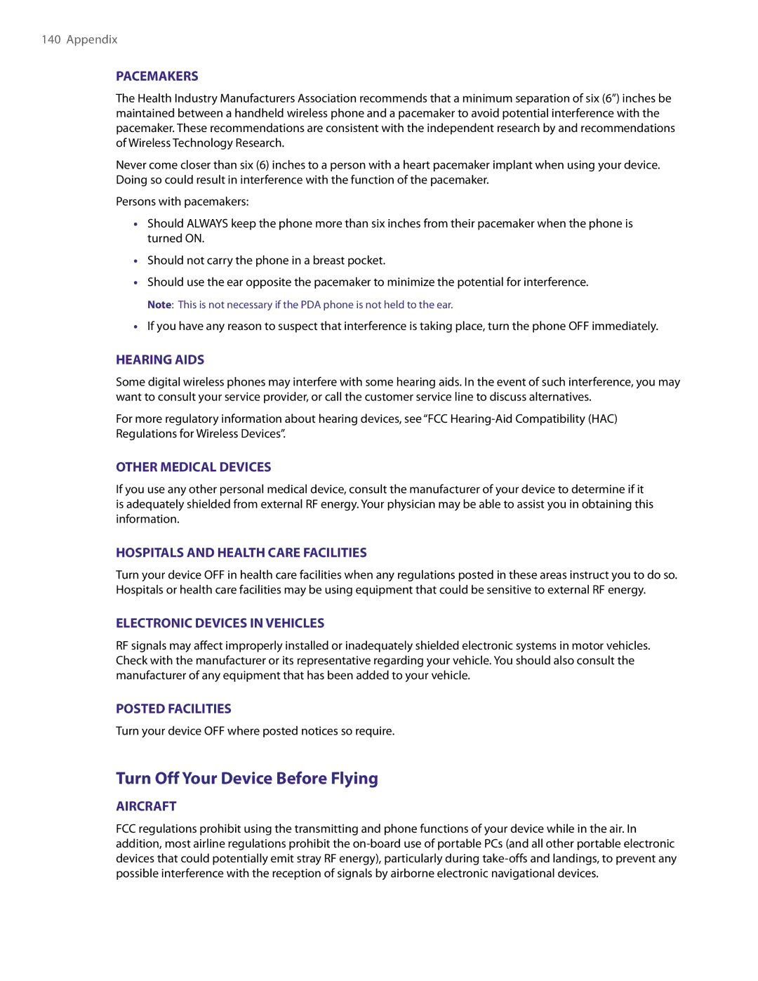 HTC PDA Phone user manual Turn Off Your Device Before Flying, Pacemakers 