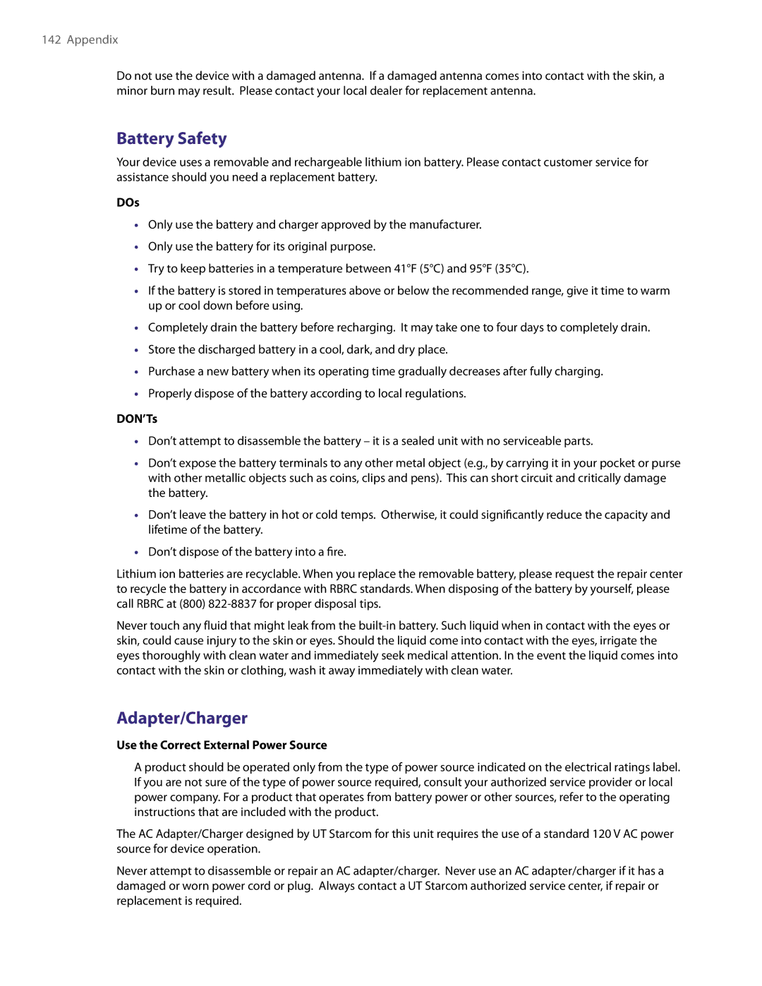 HTC PDA Phone user manual Battery Safety, Adapter/Charger, DOs, DON’Ts 