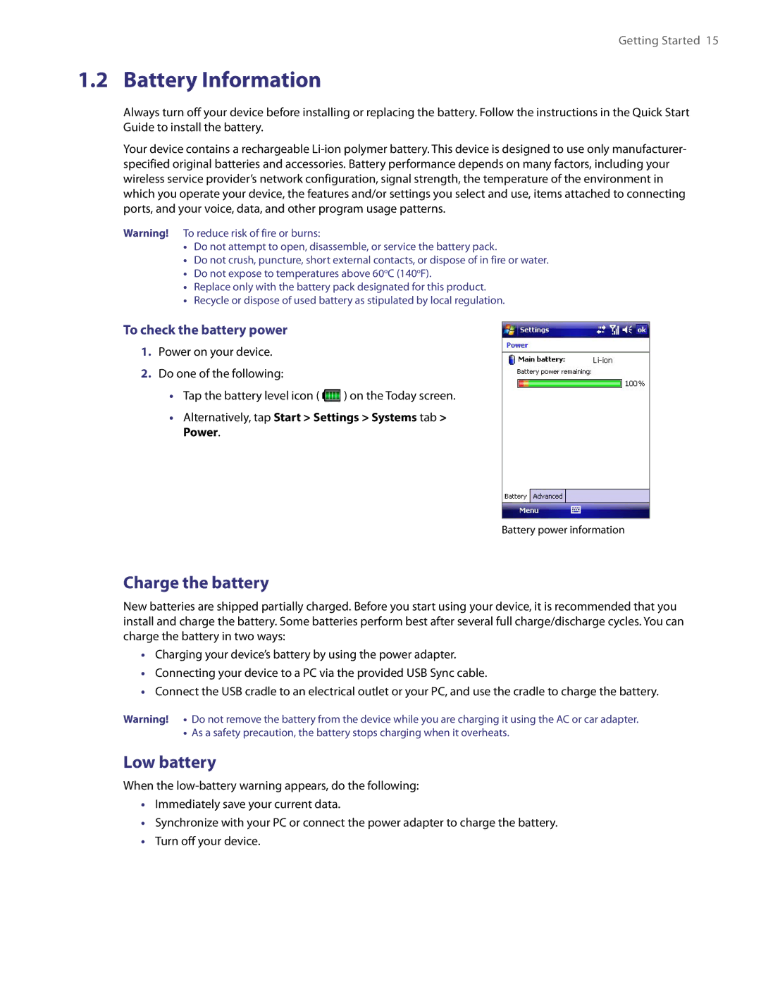 HTC PDA Phone user manual Battery Information, Charge the battery, Low battery, To check the battery power 