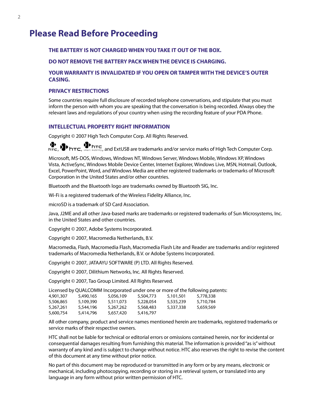 HTC PDA Phone user manual Please Read Before Proceeding, Intellectual Property Right Information 