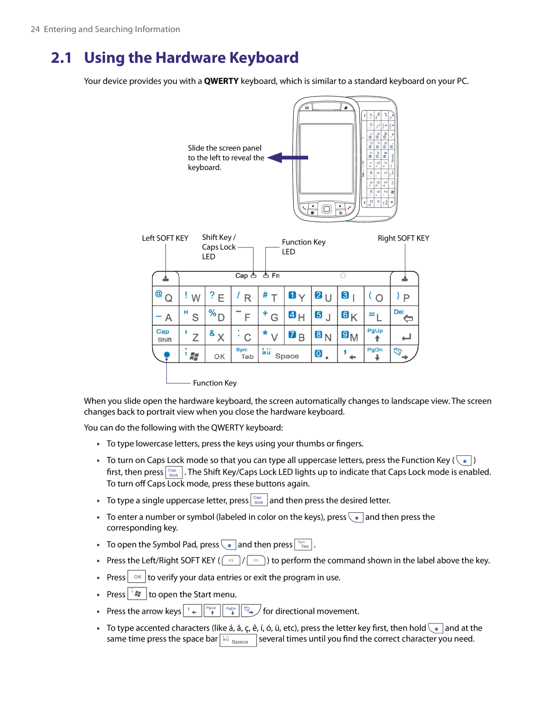 HTC PDA Phone user manual Using the Hardware Keyboard 