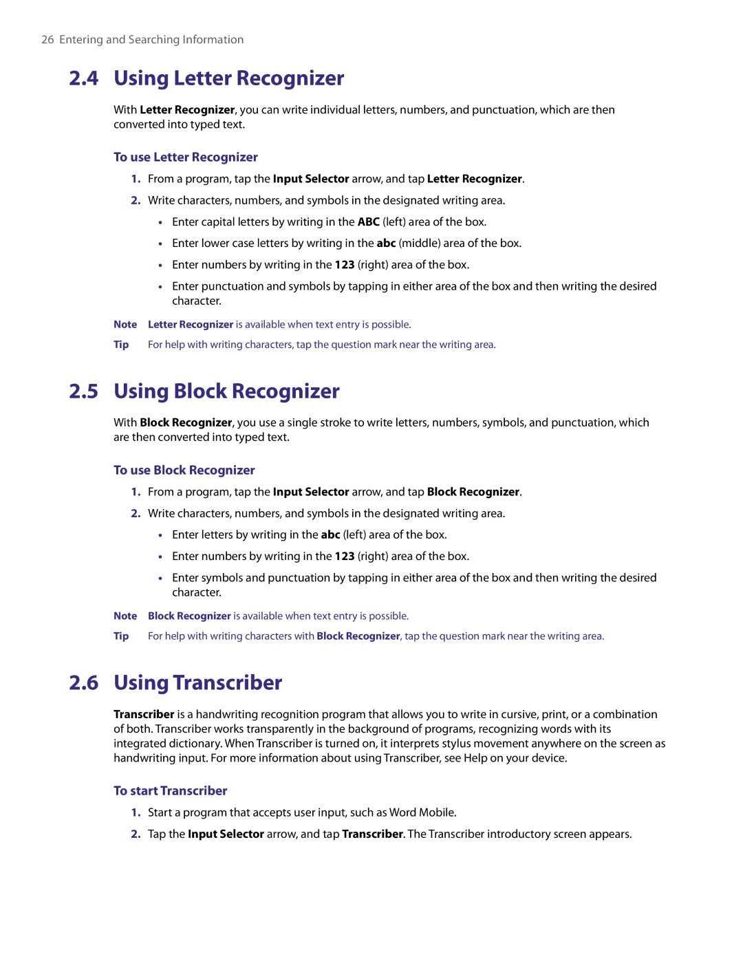 HTC PDA Phone user manual Using Letter Recognizer, Using Block Recognizer, Using Transcriber 