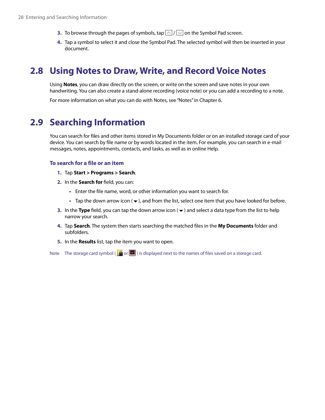 HTC PDA Phone Using Notes to Draw, Write, and Record Voice Notes, Searching Information, To search for a file or an item 