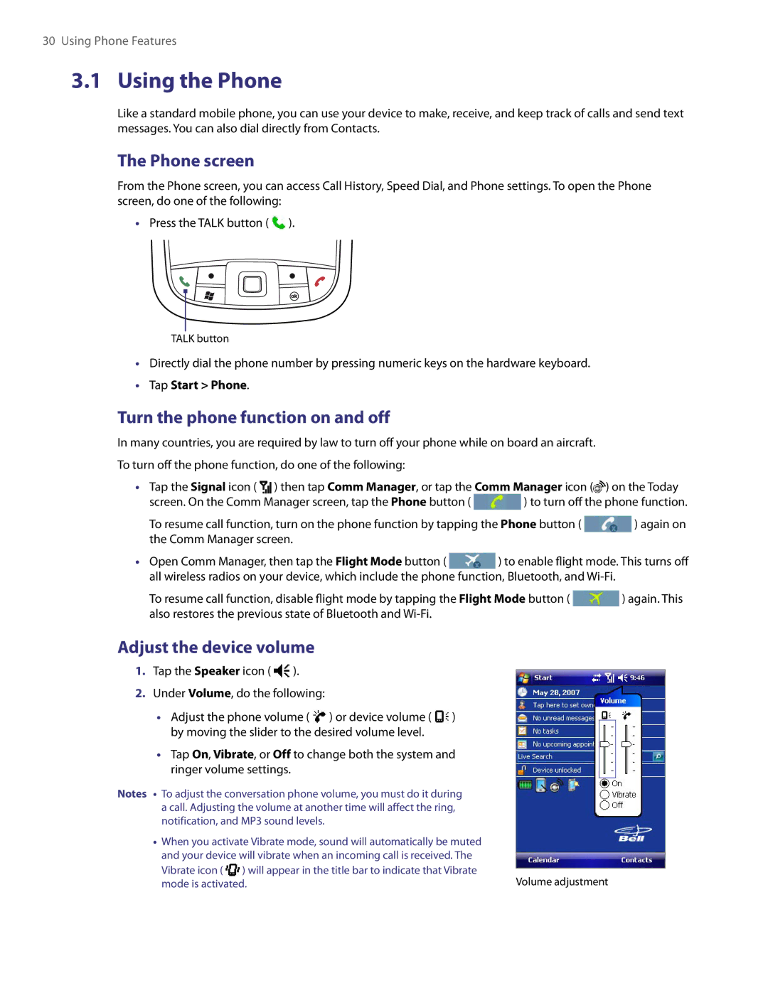 HTC PDA Phone Using the Phone, Phone screen, Turn the phone function on and off, Adjust the device volume, Tap Start Phone 