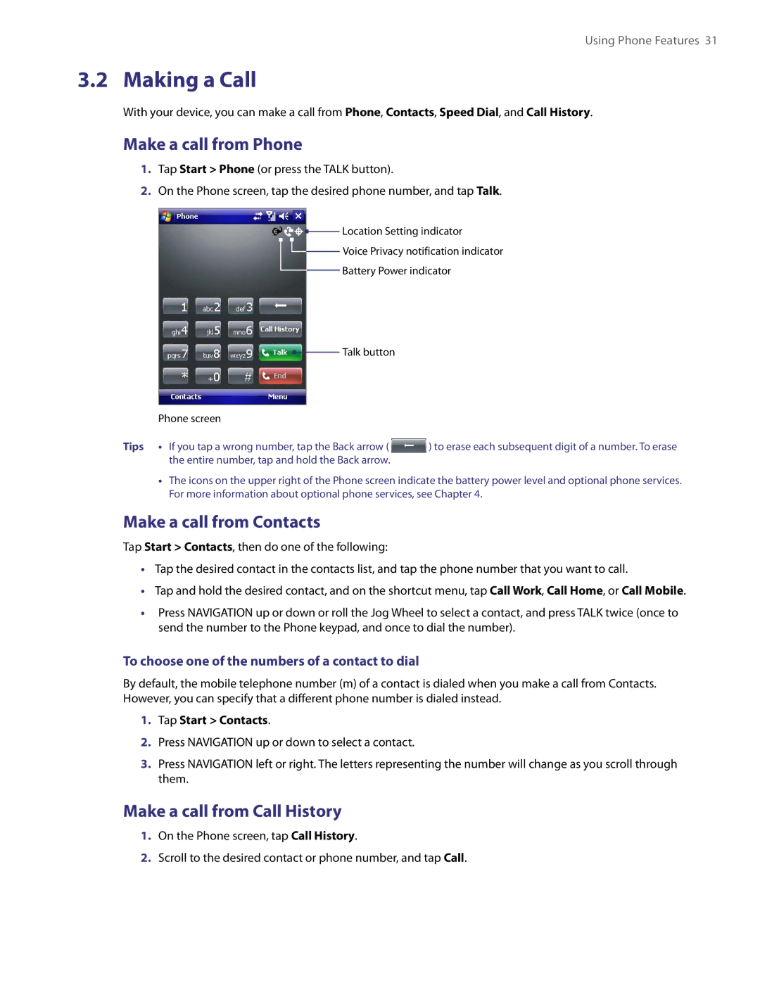 HTC PDA Phone user manual Making a Call, Make a call from Phone, Make a call from Contacts, Make a call from Call History 