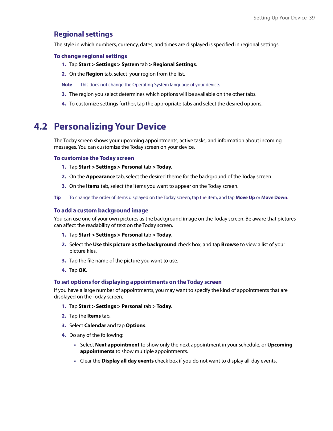 HTC PDA Phone Personalizing Your Device, Regional settings, To change regional settings, To customize the Today screen 