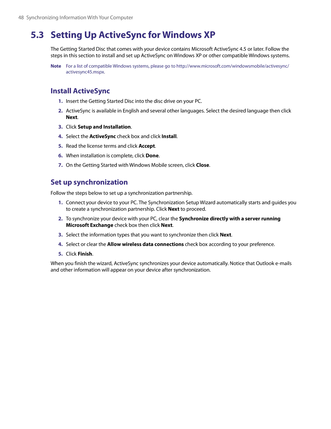 HTC PDA Phone user manual Setting Up ActiveSync for Windows XP, Install ActiveSync, Click Setup and Installation 