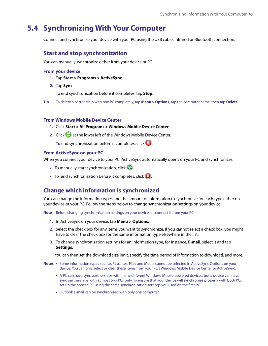 HTC PDA Phone Synchronizing With Your Computer, Start and stop synchronization, Change which information is synchronized 