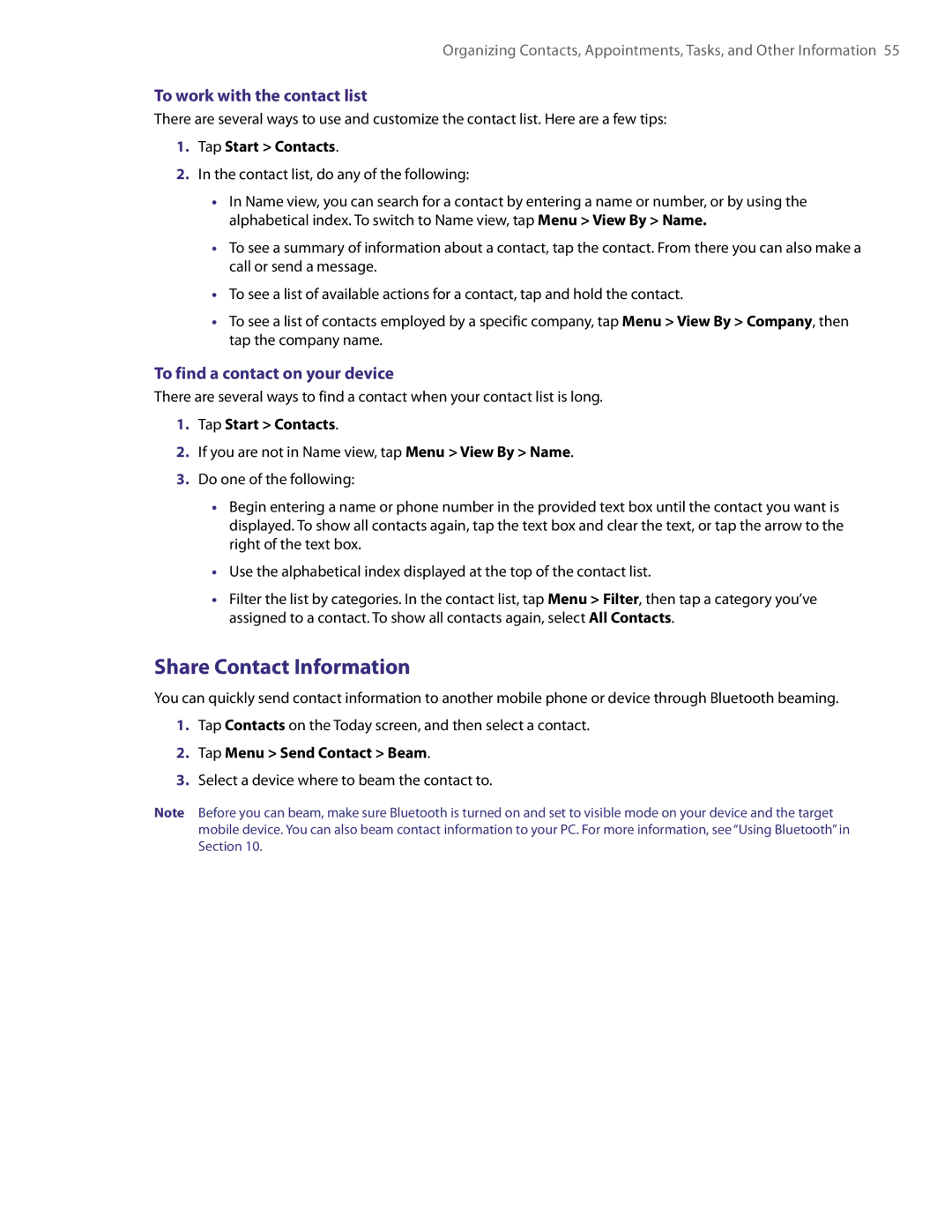 HTC PDA Phone user manual Share Contact Information, To work with the contact list, To find a contact on your device 