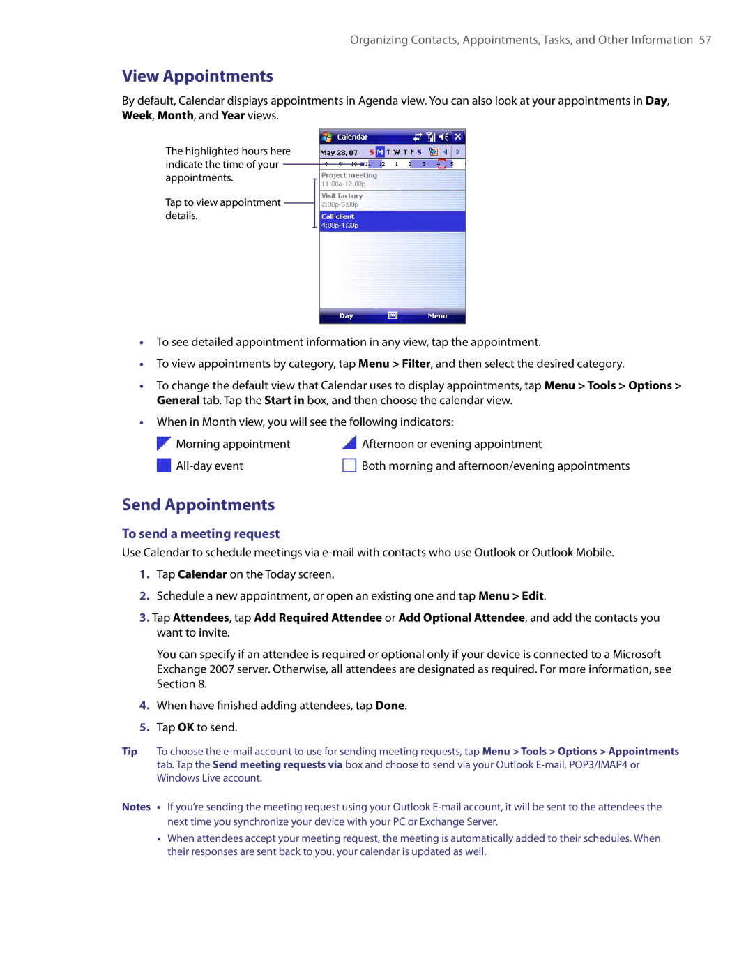 HTC PDA Phone user manual View Appointments, Send Appointments, To send a meeting request 