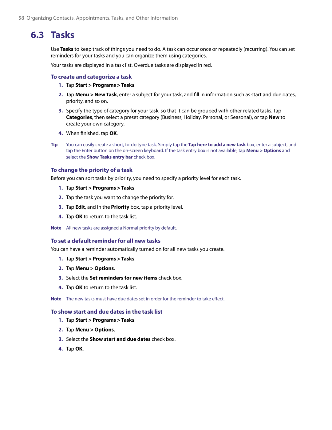 HTC PDA Phone user manual Tasks, To create and categorize a task, To change the priority of a task 