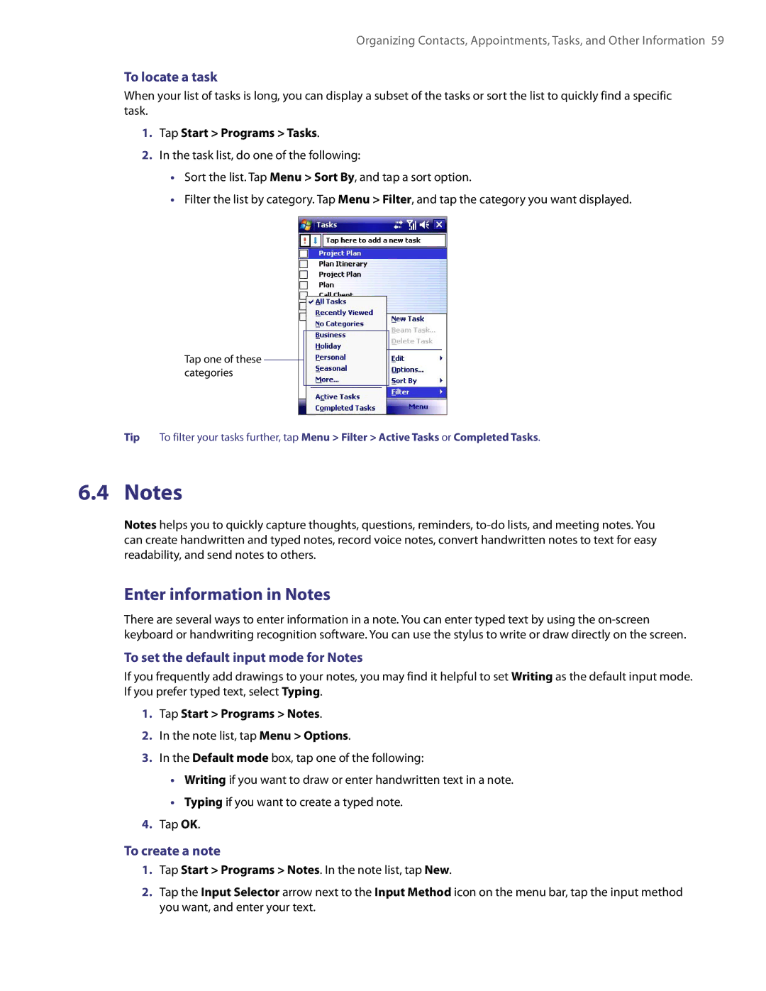 HTC PDA Phone Enter information in Notes, To locate a task, To set the default input mode for Notes, To create a note 