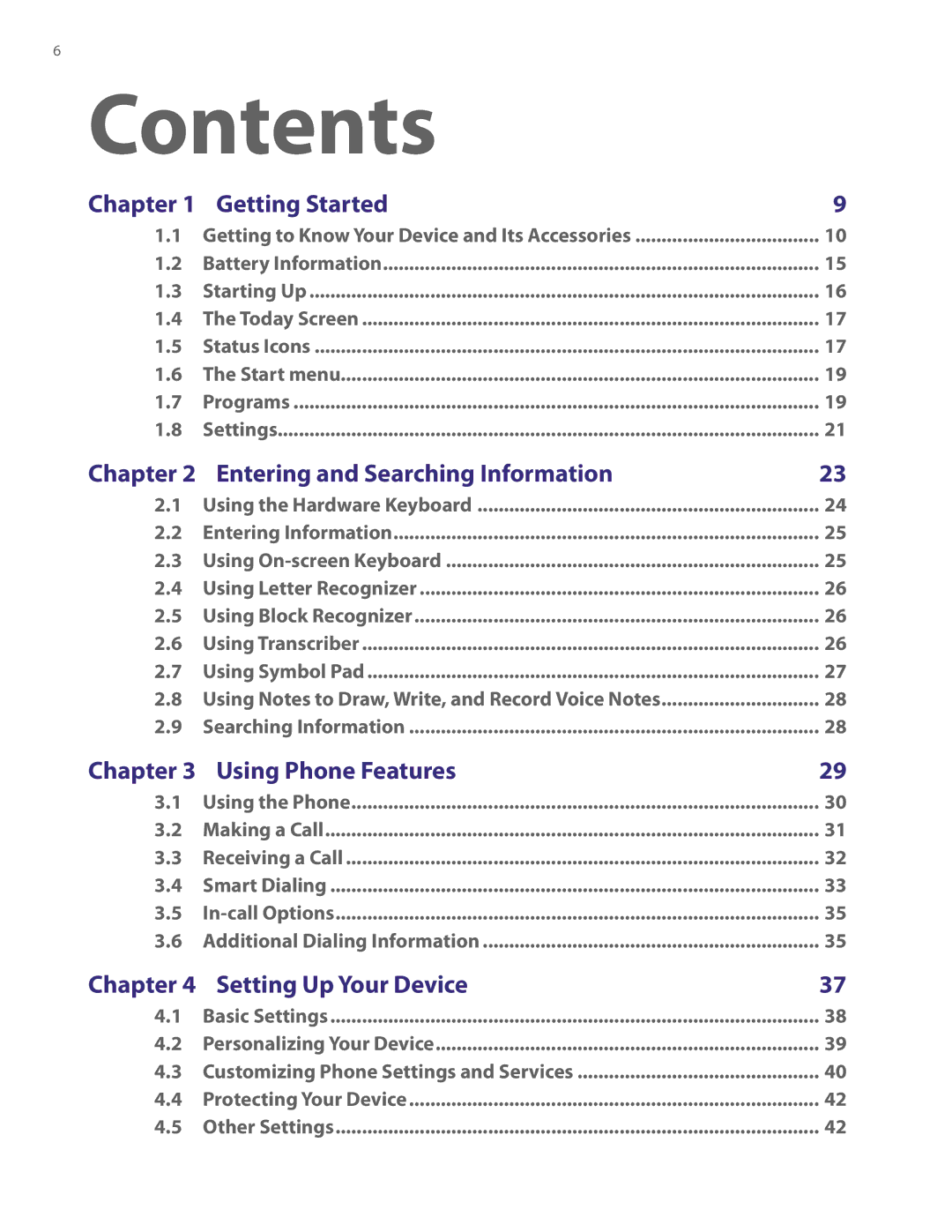 HTC PDA Phone user manual Contents 