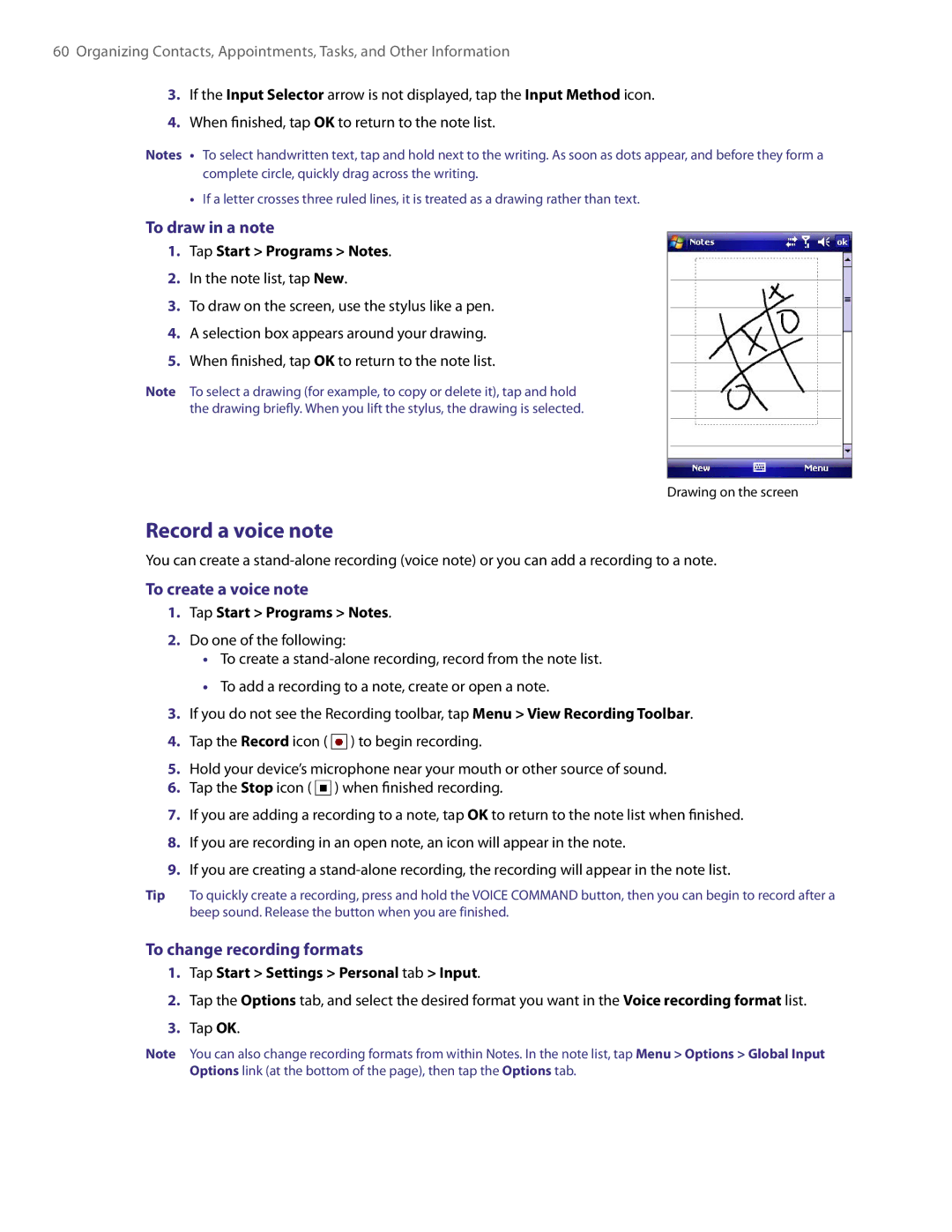 HTC PDA Phone user manual Record a voice note, To draw in a note, To create a voice note, To change recording formats 