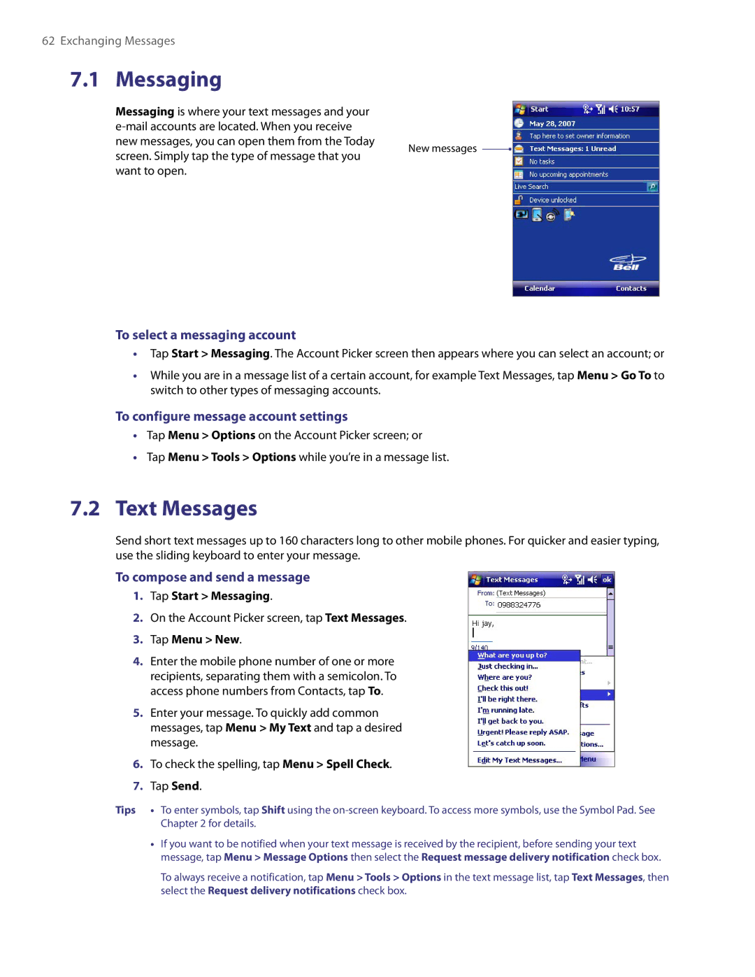 HTC PDA Phone user manual Messaging, Text Messages, To select a messaging account, To configure message account settings 