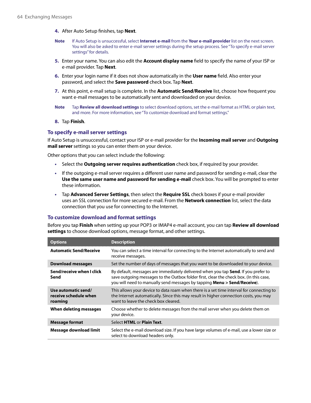 HTC PDA Phone user manual To specify e-mail server settings, To customize download and format settings, Tap Finish 