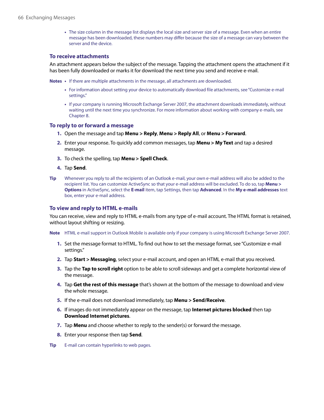 HTC PDA Phone user manual To receive attachments, To reply to or forward a message, To view and reply to Html e-mails 