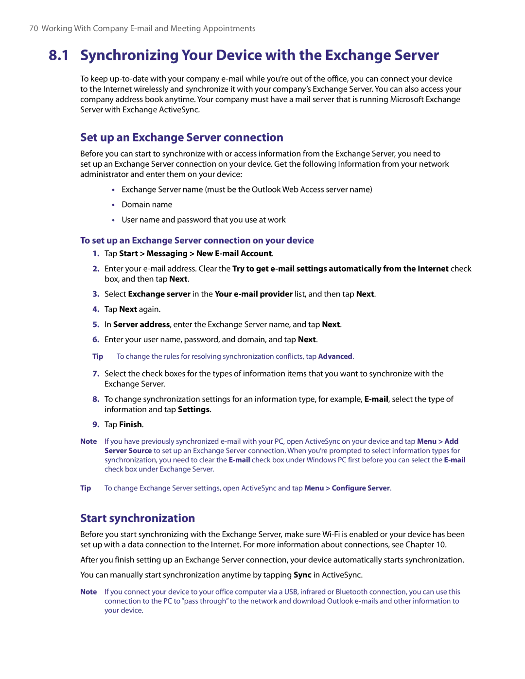 HTC PDA Phone user manual Synchronizing Your Device with the Exchange Server, Set up an Exchange Server connection 